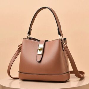 Brown Structured Bucket Crossbody Bag Top Handle Gold Turn Lock